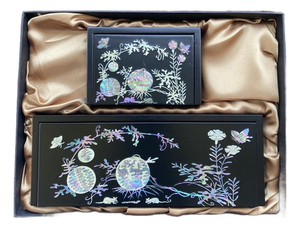 Korean Mother-of-Pearl Lacquerware Desk Set in Original Presentation Box, Circa 2000s