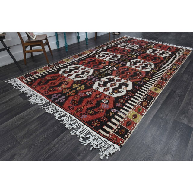 1970s Vintage Handmade Wool Cotton Red Kilim Area Rug For Sale - Image 11 of 11