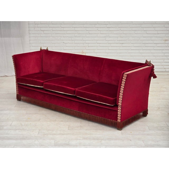 Danish Three-Seater Drop Arm Spanish Sofa in Red Furniture Velour, 1970s For Sale - Image 16 of 18