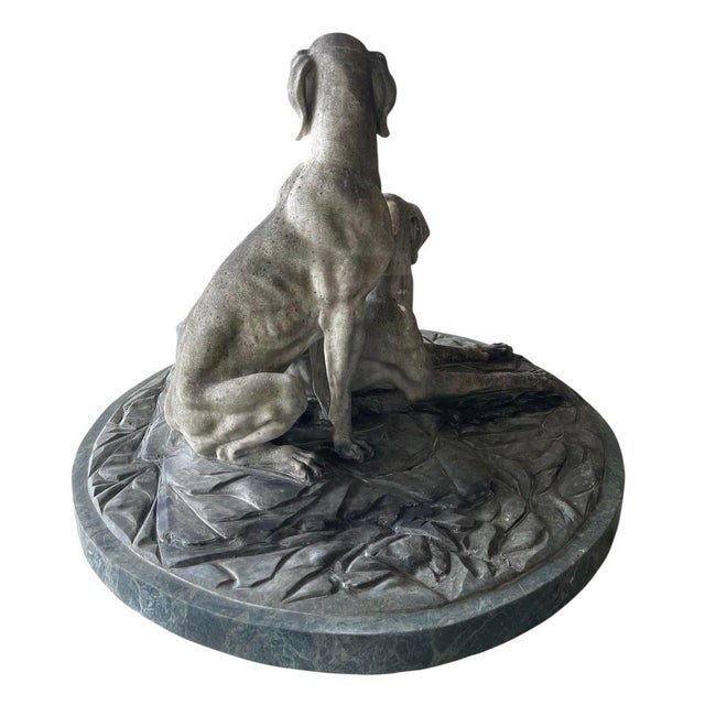 Rustic European 1980s Cast Marble Sculpture of Two Hunting Dogs on a Round Base For Sale - Image 3 of 12