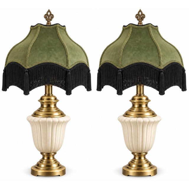 Vintage Neoclassical Cream Urn Lamps With Olive Velvet Fringe Shades - Pair For Sale - Image 9 of 12