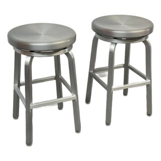 Crate & Barrel Brushed Aluminum Counter Stools, Pair For Sale