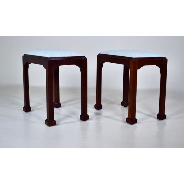 Baker Furniture Company Chippendale Style Footstools by Madison Square in Mahogany & Blue For Sale - Image 4 of 5