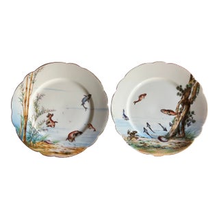 Antique Late 19th Century French Limoges Porcelain Plates With Hand Painted Fish - A Pair For Sale