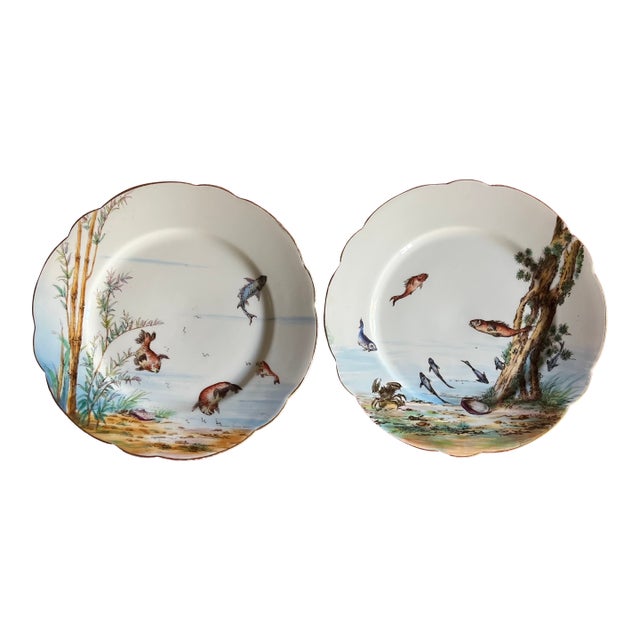 Antique Late 19th Century French Limoges Porcelain Plates With Hand Painted Fish - A Pair For Sale