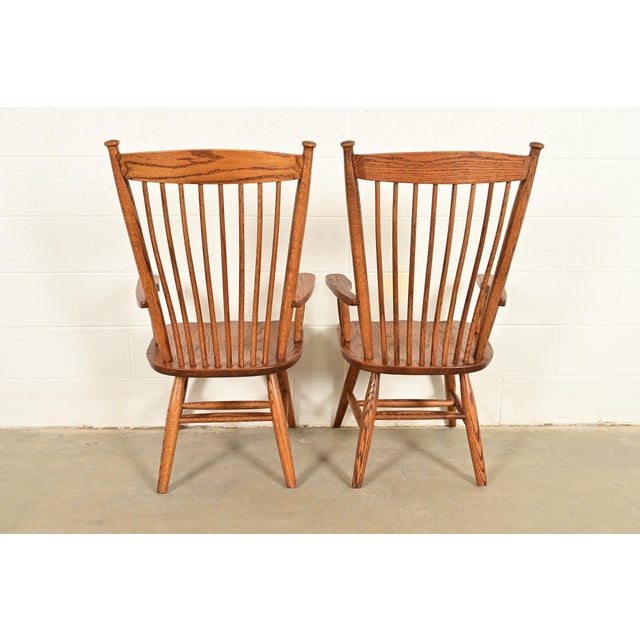 Stickley Style American Colonial Solid Oak Spindle Back Windsor Armchairs, Pair For Sale - Image 13 of 15