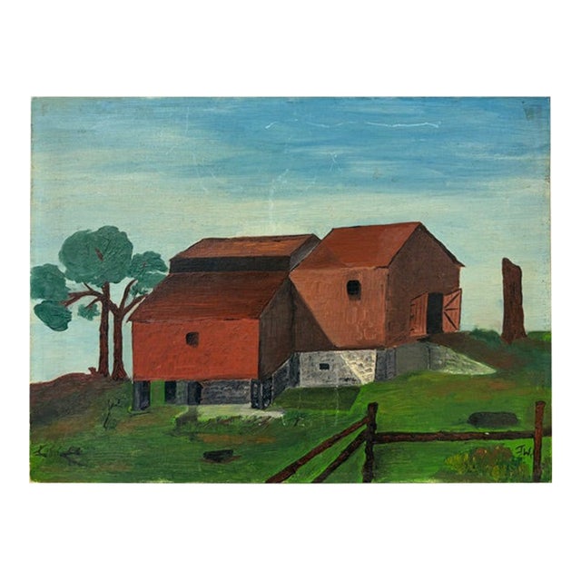 Folk Art Red Barn Painting - New Hampshire For Sale