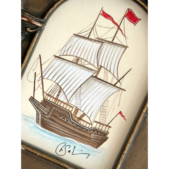 Nautical Original Hand-Painted Sailboat Miniature Painting in an Antique Frame For Sale - Image 3 of 4
