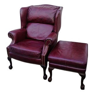1990s Timeless Elegance Meets Executive Comfort: The Classic Leather Wingback Chair & Ottoman Set For Sale