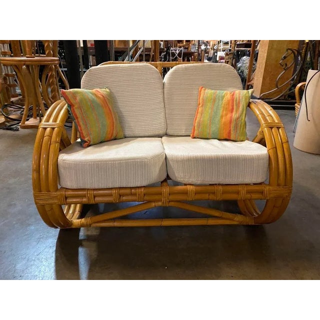Restored Child Size 3-Strand Round Full Pretzel Rattan Sofa & Lounge Chair For Sale - Image 11 of 12