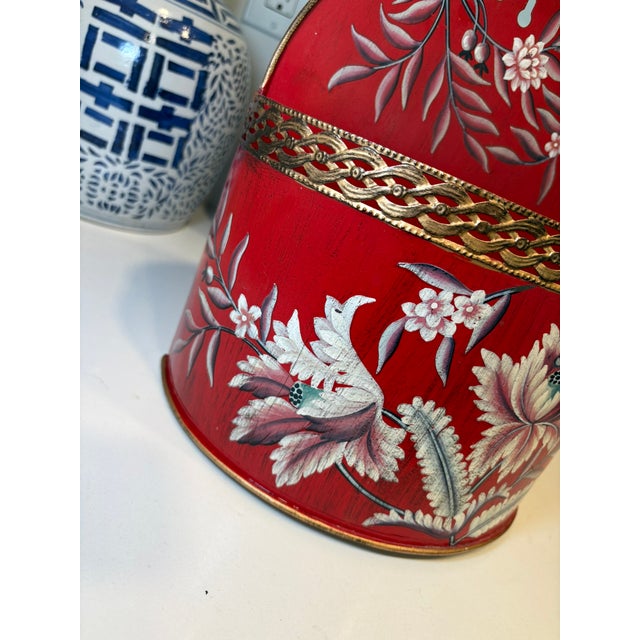 Vintage Hand Painted Red Tole Floral Wall Pocket Planter Mailbox For Sale In Miami - Image 6 of 11