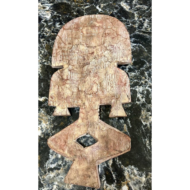 Ecru Mid 20th Century Pair of Hand-Carved, African, Wooden, Tribal Figures With Unique Faces, Headdresses, and Metal Ornamentation For Sale - Image 8 of 11