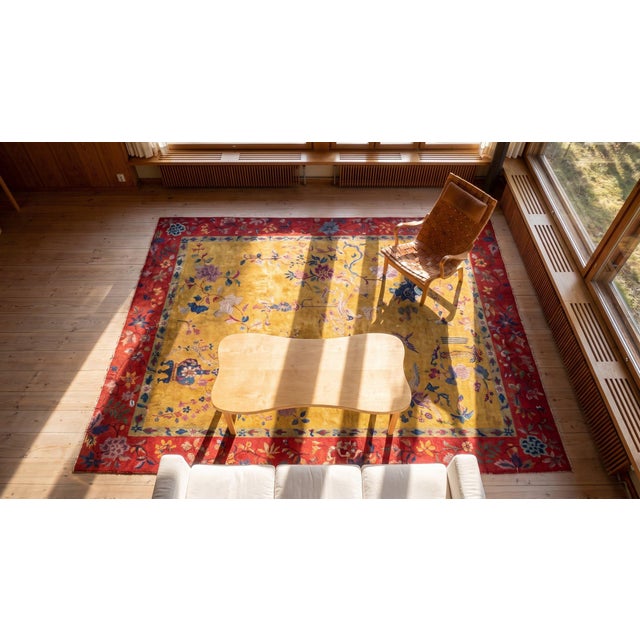 1920s Saffron Yellow Floral Antique Chinese Art Deco Rug 8' 9" X11' 2" Knotted Wool Carpet For Sale - Image 10 of 12