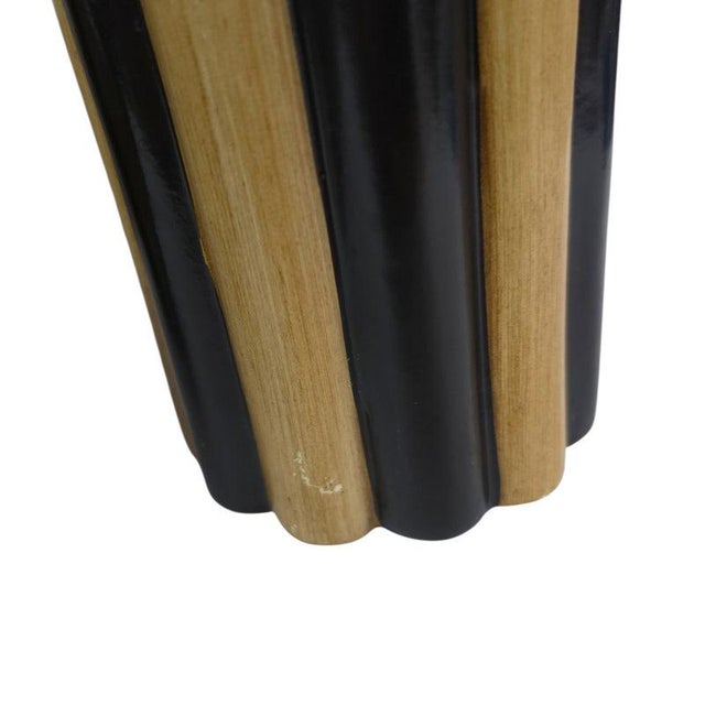 Art Deco Hollywood Regency Black & Tan Fluted Ceramic Vase Pair For Sale - Image 12 of 16