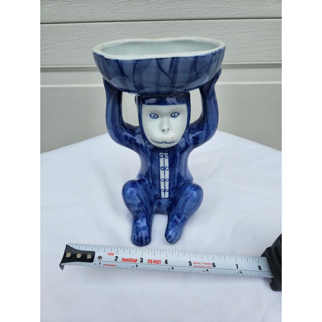 Vintage Chinoiserie Blue White Ceramic Monkey Dish - 8.25" Height For Sale - Image 10 of 12