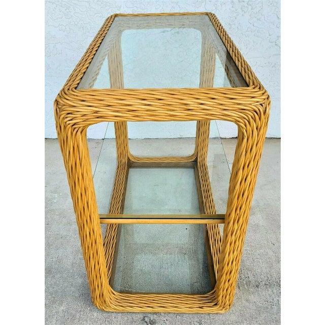 Mid-Century Modern 1970's Twisted Pencil Reed Bamboo Rattan Console Table Dry Bar For Sale - Image 3 of 7