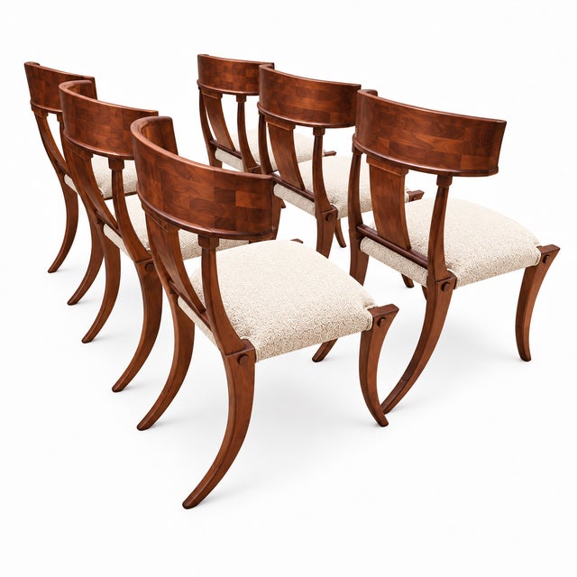 Solid Walnut Upholstered Klismos Dining Chairs Set of 6 For Sale - Image 4 of 5
