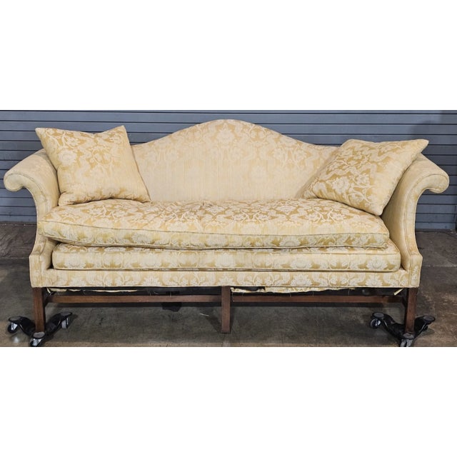 Mid 20th Century Mid 20th Century Kittinger Williamsburg Mahogany Chippendale Sofa Yellow Silk Schumacher Fabric For Sale - Image 5 of 12
