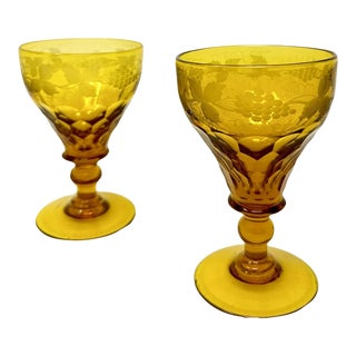 Antique Victorian Pair Wine or Water Drinking Glasses Bohemian Hand Cut Crystal For Sale