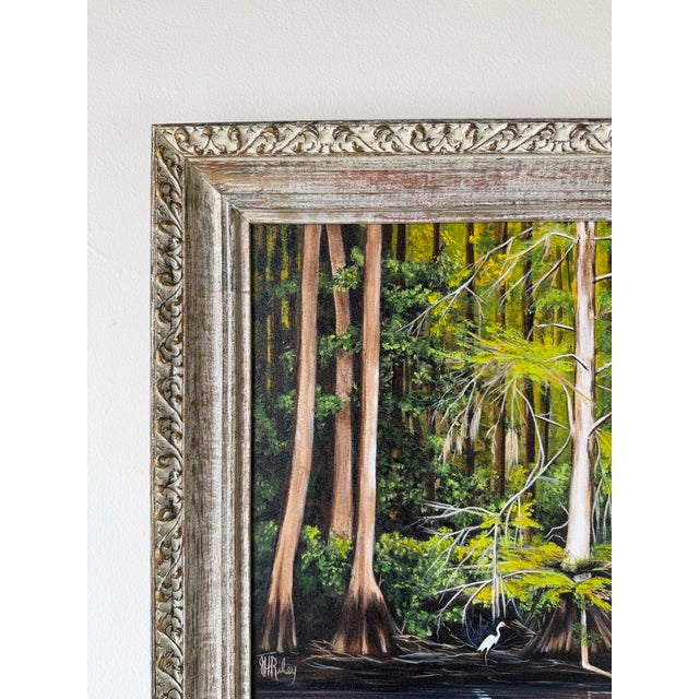 Vintage J. H Riley “Sunlit Cypress” Impressionist Acrylic on Canvas Painting, Framed For Sale In Miami - Image 6 of 12