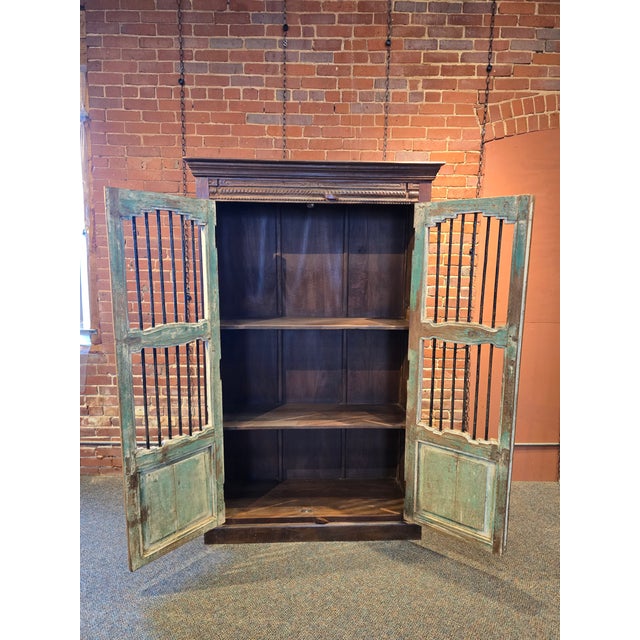Farmhouse Handcrafted Reclaimed Wood Armoire With Iron Jali Bar Doors For Sale - Image 3 of 6