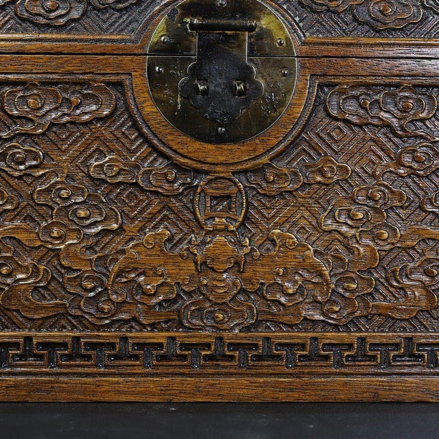 1990s Hand-Carved Wooden Treasure Box With Brass Hardware & Dragon Motif For Sale - Image 5 of 9