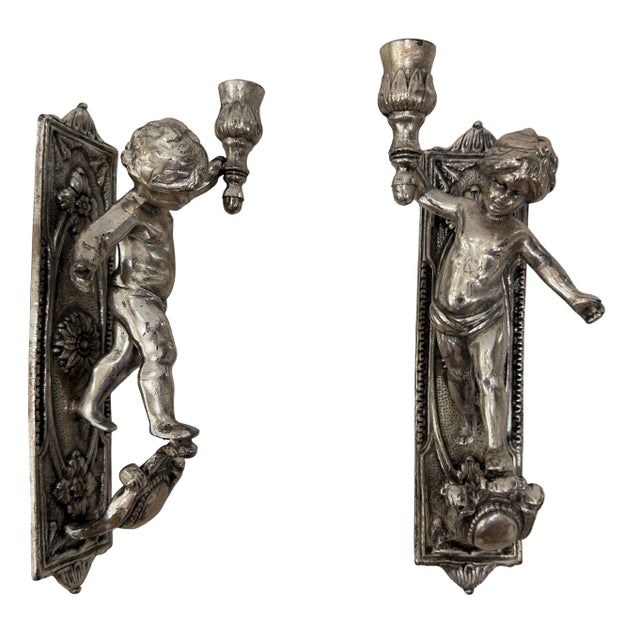 Italian Mid 20th Century Pair of Italian Cherubines Jennini Wall Sconces Silver 11.5" For Sale - Image 3 of 4