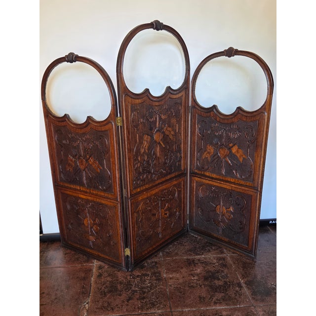 Art Nouveau Three-Panel Hand Carved Oak Screen Military or Musical Dressing Screen For Sale - Image 4 of 13