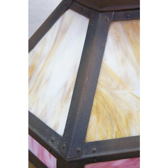 Antique Arts & Crafts Octagonal Caramel & Pink Slag Glass Panel Lamp Shade 17" For Sale - Image 10 of 15