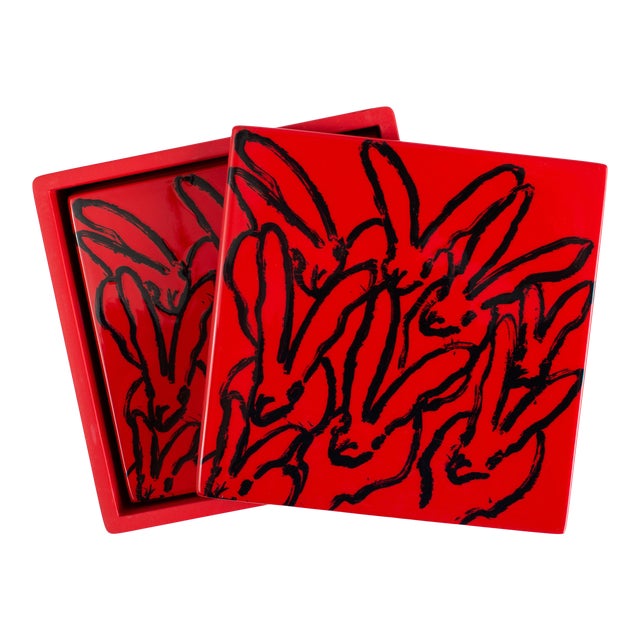 Hunt Slonem Red Bunny Coaster Box Set - Set of 5 For Sale