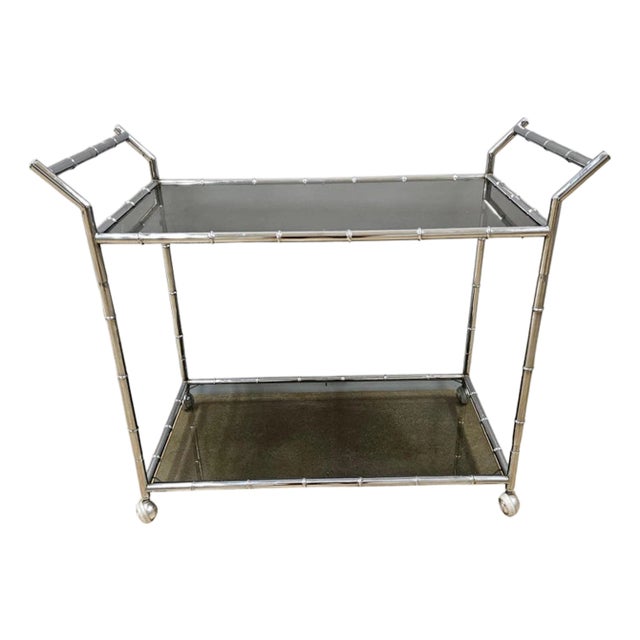 1970s Mid-Century Modern Large Faux Bamboo Steel and Smoked Glass Bar Cart For Sale