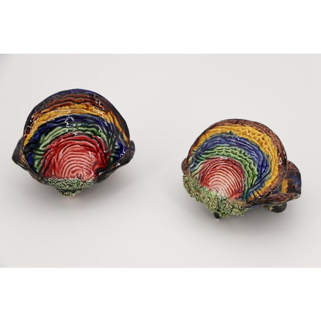 1920s Pair of Two Majolica Oyster Shell Salt Cellars With Mussel Shells Feet, Portuguese Palissy Ware, Earthenware For Sale - Image 9 of 17