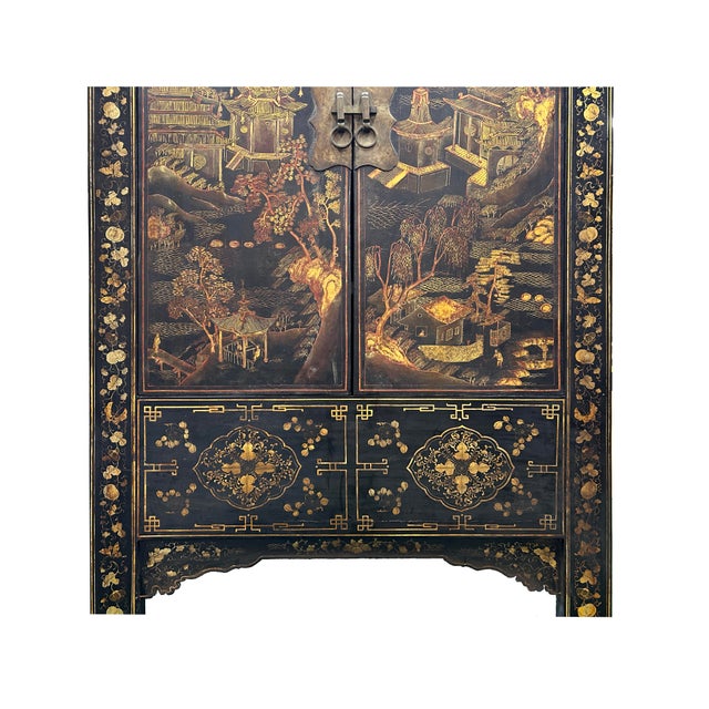 Wood Vintage Chinese Black Golden Scenery Storage Armoire Wardrobe Cabinet For Sale - Image 7 of 9