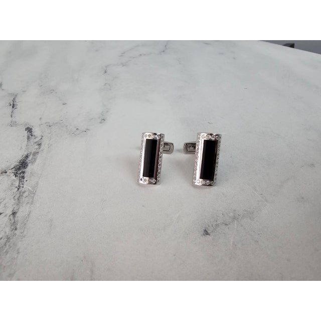 Contemporary Rectangular Onyx & Diamond Cuff Links 14k White Gold, 2 Pieces For Sale - Image 3 of 5