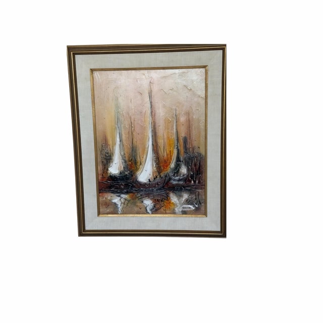 An authentic 1973 original modernist marina painting by renowned California artist Danny Garcia (1929–2012). Rendered in...