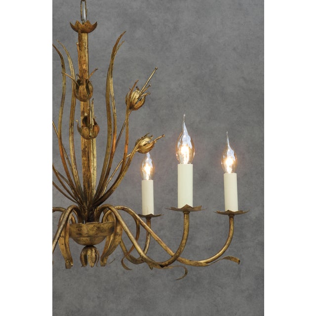 Mid-Century Spanish Gilt Tôle Botanical Six-Light Chandelier, 1950s For Sale - Image 6 of 10