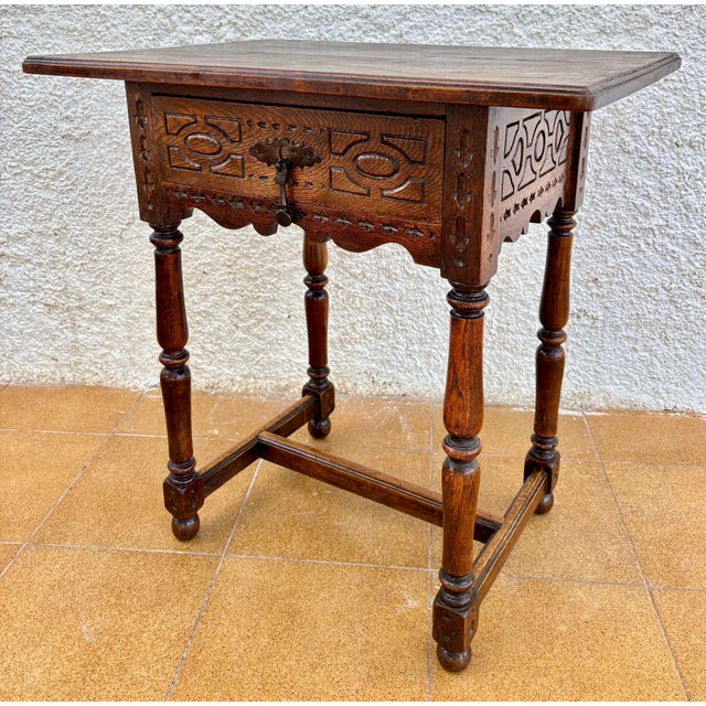 Antique Castilian Oak Side Table With One Carved Drawer, 1920s For Sale - Image 15 of 15