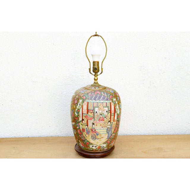 Ceramic Large Pavillion Court Famille Rose Lamp For Sale - Image 7 of 10