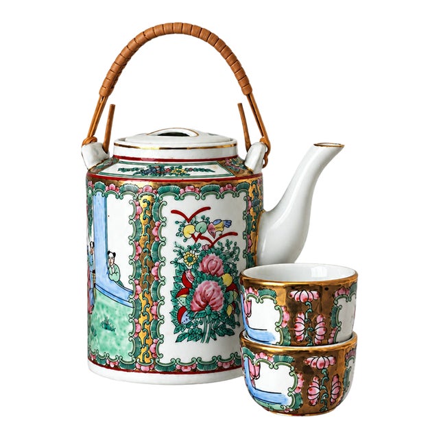 Mid 20th Century Chinese Rose Medallion Porcelain Teapot With Wrapped Cane Handle & Two Cups — 3-Piece Set For Sale