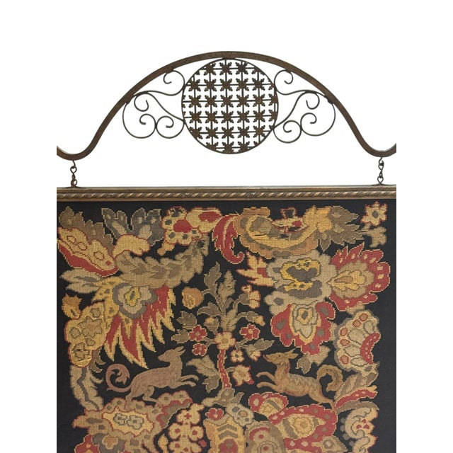 Antique Wrought Iron Needlepoint Fireplace Screen For Sale - Image 4 of 4