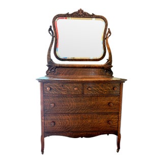 Grandmillennial Antique Tiger Oak Wood Dresser & Removable Mirror For Sale