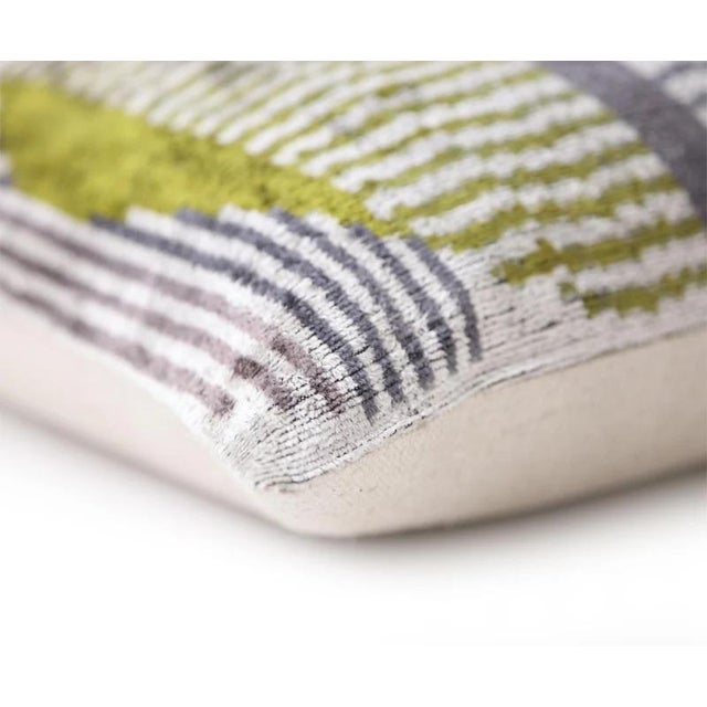 "Size: 16x24 inch lumbar pillow – ideal for sofas, beds, and statement chairs Handwoven silk velvet in bold green and gray...