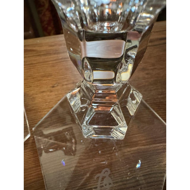 Mid 20th Century Val Saint Lambert Crystal Candle Holders With Piping Rock Club “Liberty Bell” Insignia – a Pair For Sale - Image 9 of 11