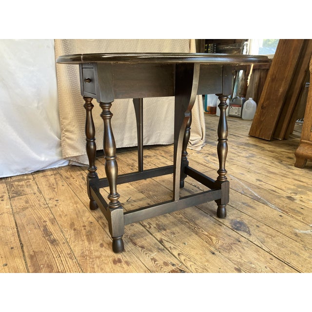 Dark Brown Drop Leaf Accent Table With Turned Legs and Drawer For Sale - Image 9 of 9