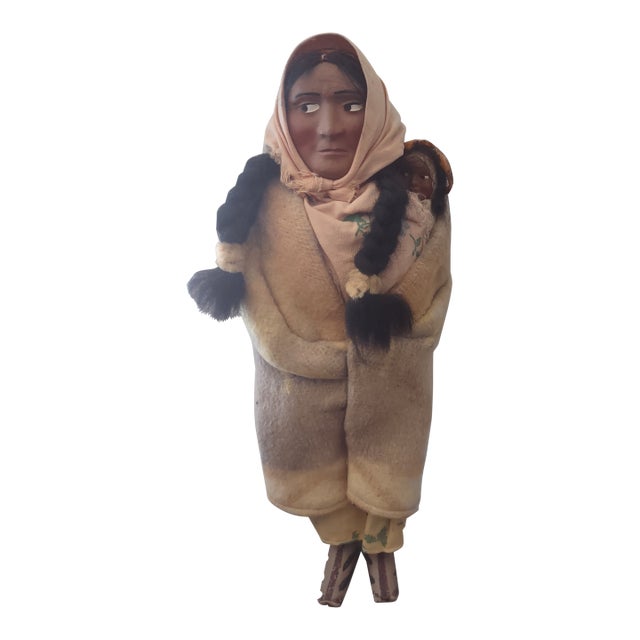 1940s Authentic Native American Antique Doll. Mother With Papoose, Felt 13" Bully Doll For Sale