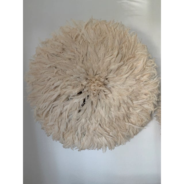 African Juju Feather Headdress, 30 In. Diameter, Off-White For Sale - Image 4 of 4