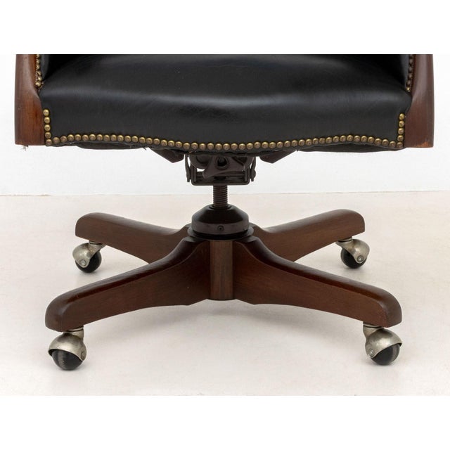 Modern Leather Upholstered Mahogany Swivel Chair For Sale - Image 4 of 8