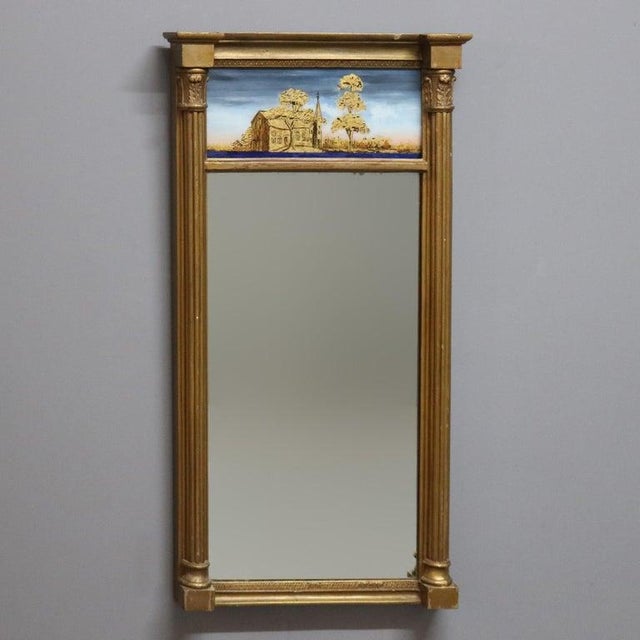 Traditional Antique Giltwood Eglomise Wall Mirror, Reverse Painted Countryside Church, C1 For Sale - Image 3 of 10
