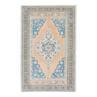 Turkish Oushak Rug Blue & Peach Handwoven Wool Rug 5'8" X 8'10" For Sale