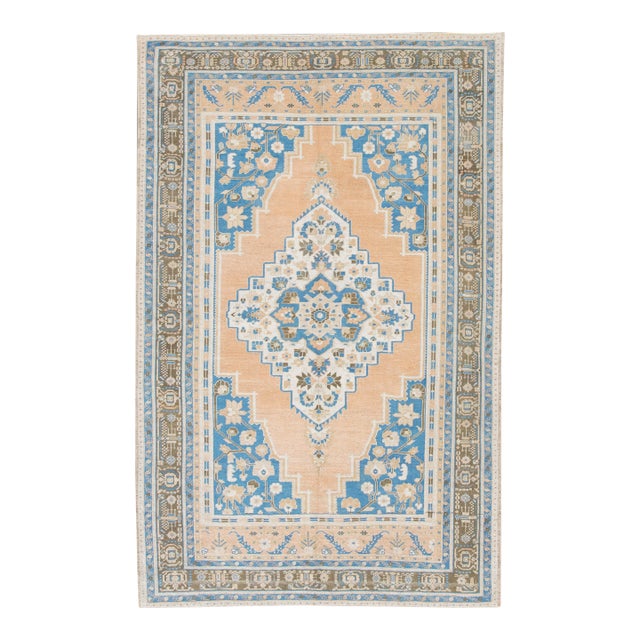 Turkish Oushak Rug Blue & Peach Handwoven Wool Rug 5'8" X 8'10" For Sale